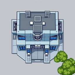 A top-down view of an Autobot building in pixel art style, featuring a minimalist design without windows and including prominent gates