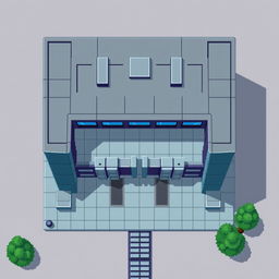 A top-down view of an Autobot building in pixel art style, featuring a minimalist design without windows and including prominent gates