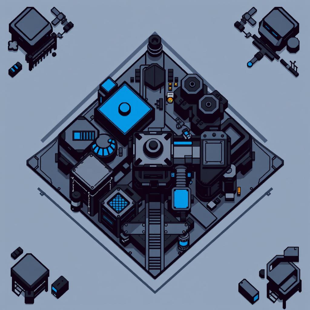 A top-down view of an Autobot factory in pixel art style, primarily in a color palette of black and blue