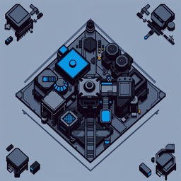 A top-down view of an Autobot factory in pixel art style, primarily in a color palette of black and blue