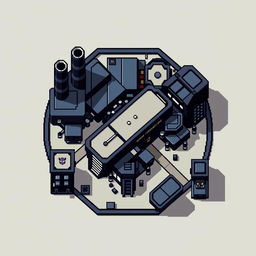 A top-down view of an Autobot factory in pixel art style, primarily in a color palette of black and blue