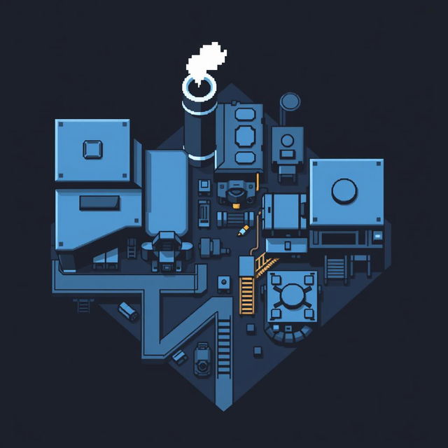 A top-down view of an Autobot factory in pixel art style, primarily in a color palette of black and blue