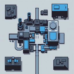 A top-down view of an Autobot factory in pixel art style, primarily in a color palette of black and blue