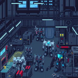 A pixel art factory scene dedicated to the production of Autobots, showcasing intricate details of robotic assembly lines, machinery, and various Autobots in different stages of production