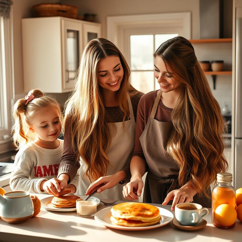 A beautiful scene in a cozy kitchen, where a mother with exceptionally long, soft, and flowing hair is preparing breakfast