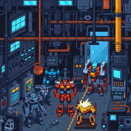 A pixel art factory scene dedicated to the production of Autobots, showcasing intricate details of robotic assembly lines, machinery, and various Autobots in different stages of production