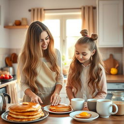 A beautiful scene in a cozy kitchen, where a mother with exceptionally long, soft, and flowing hair is preparing breakfast