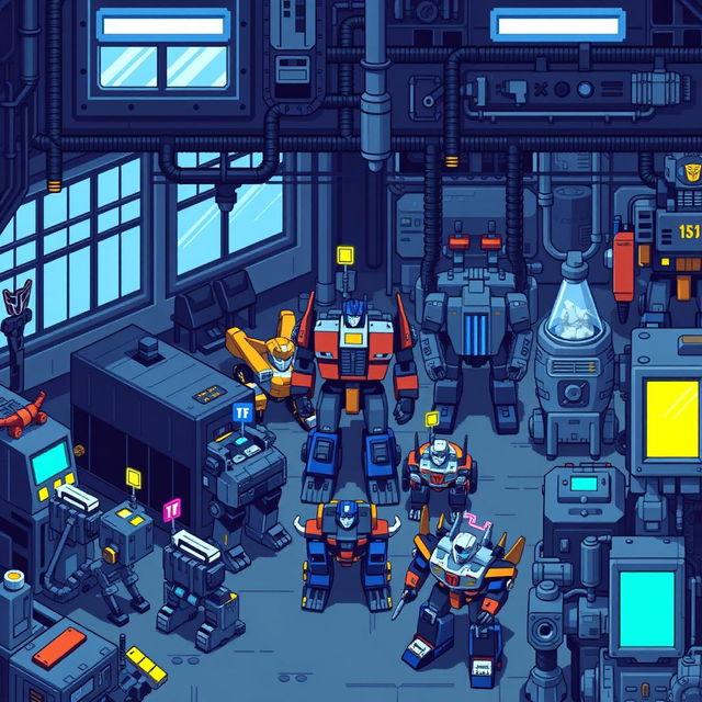 A pixel art factory scene dedicated to the production of Autobots, showcasing intricate details of robotic assembly lines, machinery, and various Autobots in different stages of production