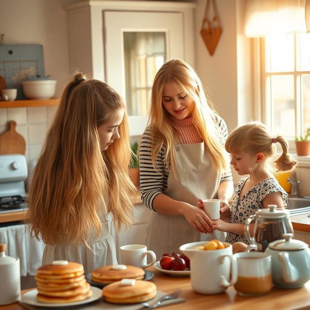 A beautiful scene in a cozy kitchen, where a mother with exceptionally long, soft, and flowing hair is preparing breakfast