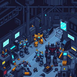 A pixel art factory scene dedicated to the production of Autobots, showcasing intricate details of robotic assembly lines, machinery, and various Autobots in different stages of production