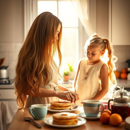 A beautiful scene in a cozy kitchen, where a mother with exceptionally long, soft, and flowing hair is preparing breakfast