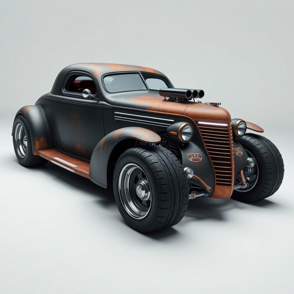 A futuristic design of a 1939 Chevrolet Coupe styled as a rat rod, featuring a widebody design and oversized wide tires