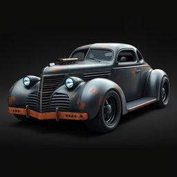 A futuristic design of a 1939 Chevrolet Coupe styled as a rat rod, featuring a widebody design and oversized wide tires