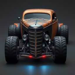 A futuristic design of a 1939 Chevrolet Coupe styled as a rat rod, featuring a widebody design and oversized wide tires