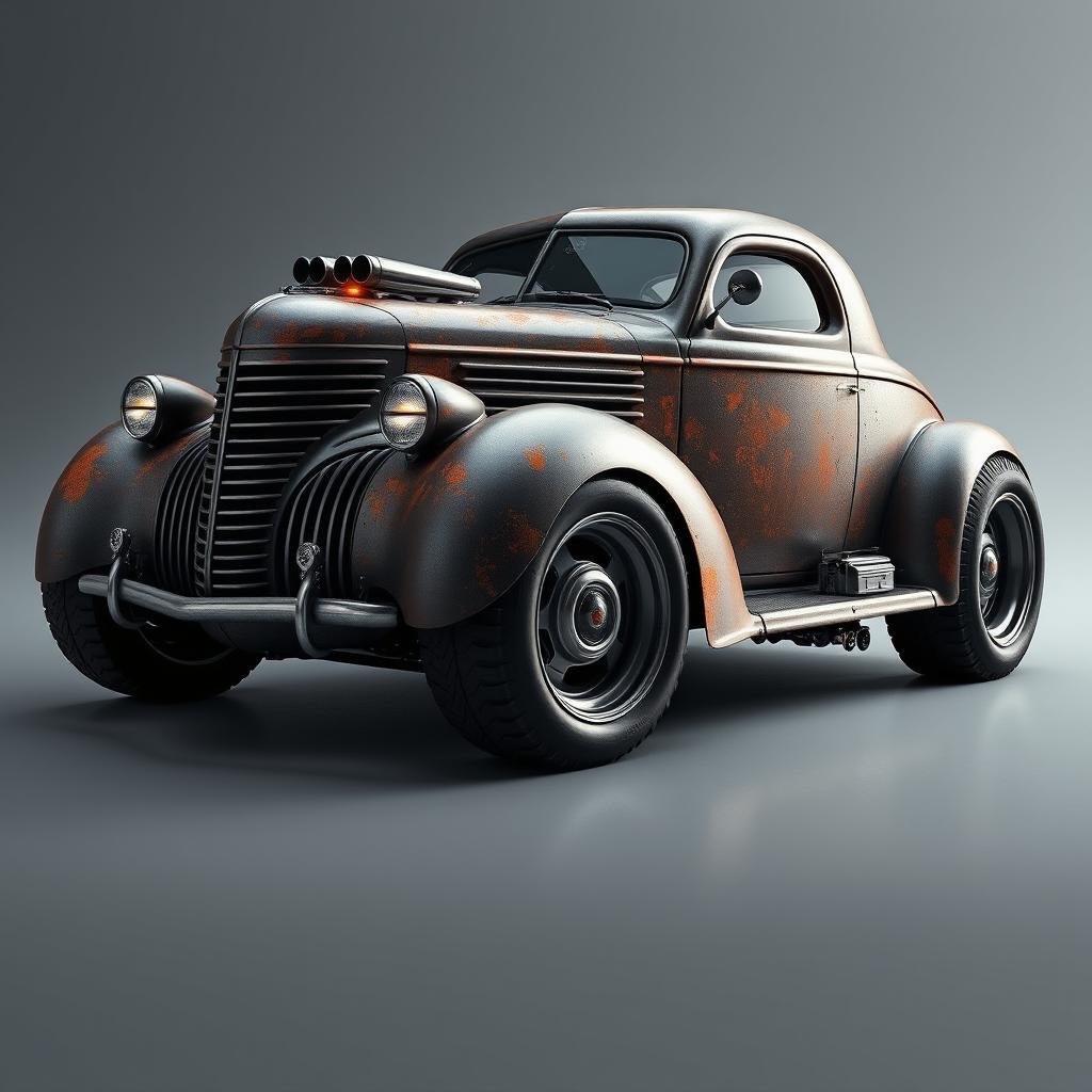 A futuristic design of a 1939 Chevrolet Coupe styled as a rat rod, featuring a widebody design and oversized wide tires