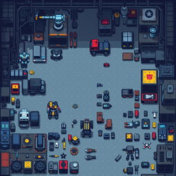 A top-down view of a pixel art factory dedicated to the production of Autobots