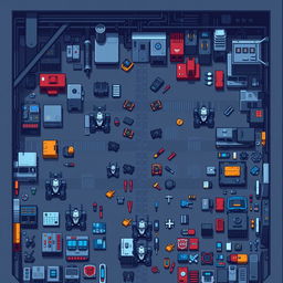 A top-down view of a pixel art factory dedicated to the production of Autobots