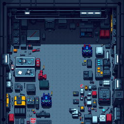 A top-down view of a pixel art factory dedicated to the production of Autobots