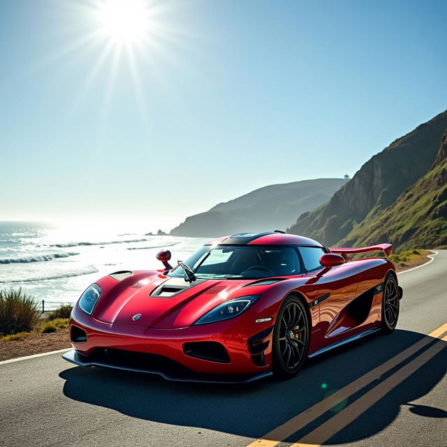 An iconic Koenigsegg CCR displayed on a sunlit coastal road, with the ocean waves crashing in the background