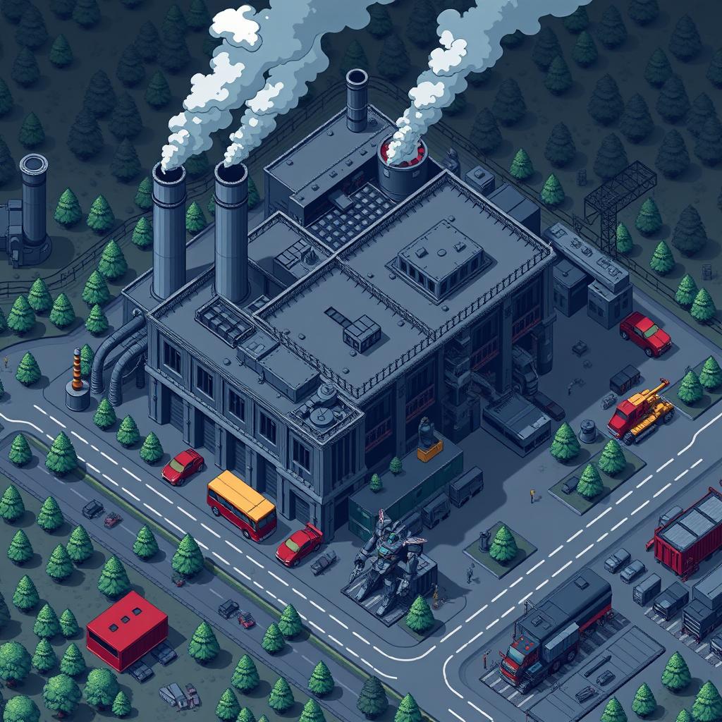 A top-down view of an exterior pixel art factory focused on producing advanced machinery, with a strong emphasis on the theme of Autobots