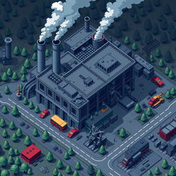 A top-down view of an exterior pixel art factory focused on producing advanced machinery, with a strong emphasis on the theme of Autobots