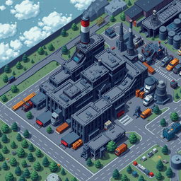 A top-down view of an exterior pixel art factory focused on producing advanced machinery, with a strong emphasis on the theme of Autobots