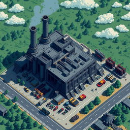 A top-down view of an exterior pixel art factory focused on producing advanced machinery, with a strong emphasis on the theme of Autobots