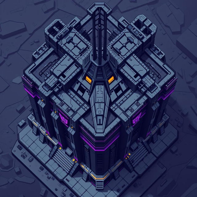 A top-down view of a Decepticon building in pixel art style, featuring a color palette dominated by shades of gray and dark purple