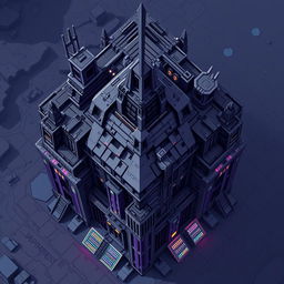 A top-down view of a Decepticon building in pixel art style, featuring a color palette dominated by shades of gray and dark purple