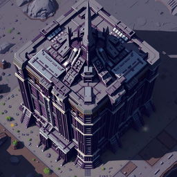 A top-down view of a Decepticon building in pixel art style, featuring a color palette dominated by shades of gray and dark purple