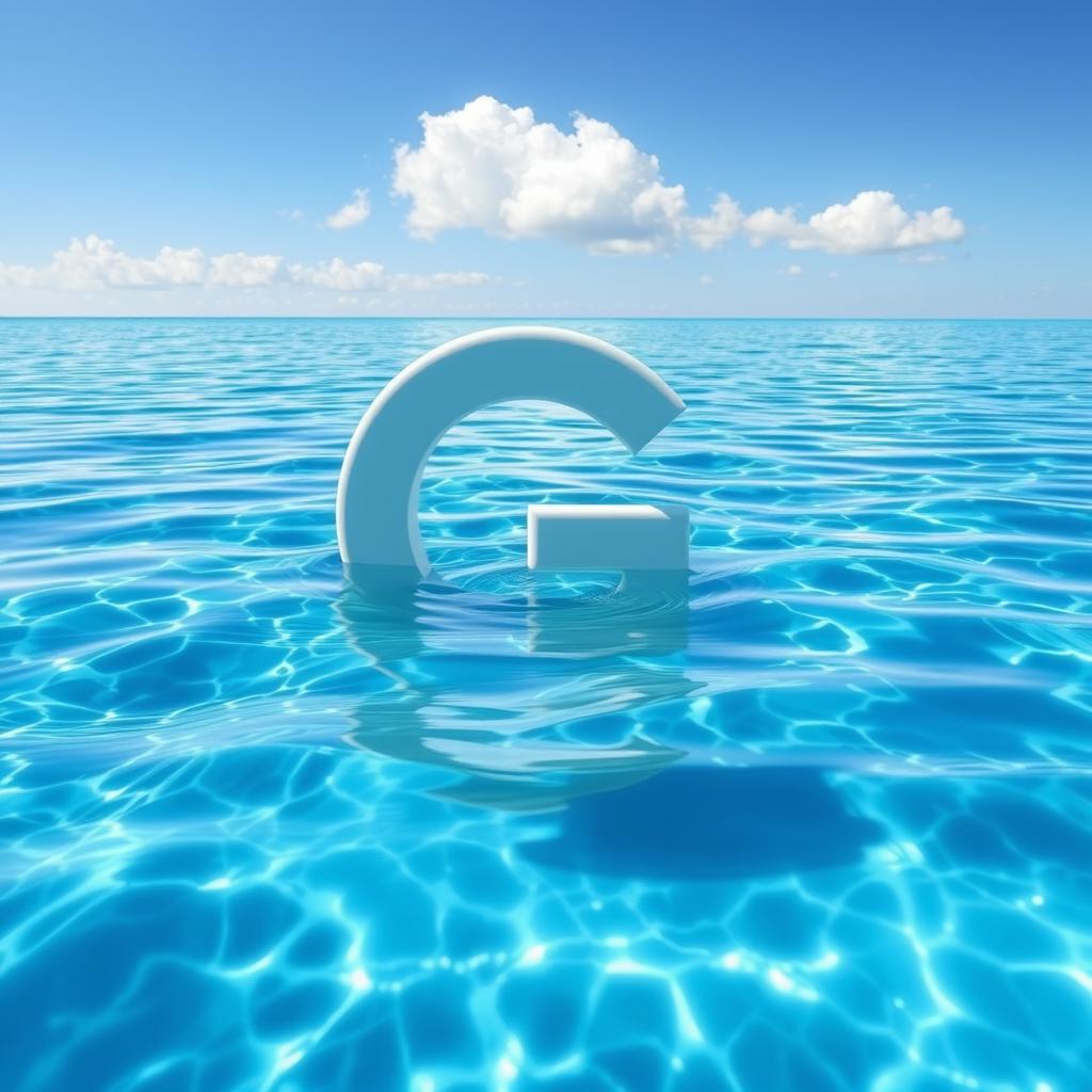 A serene and tranquil scene depicting a large letter 'G' floating gently on the surface of clear blue water, surrounded by soft ripples and reflections