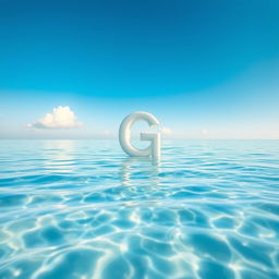 A serene and tranquil scene depicting a large letter 'G' floating gently on the surface of clear blue water, surrounded by soft ripples and reflections