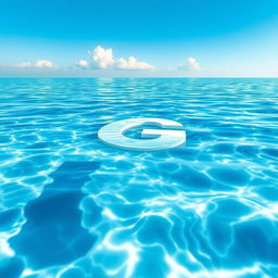 A serene and tranquil scene depicting a large letter 'G' floating gently on the surface of clear blue water, surrounded by soft ripples and reflections