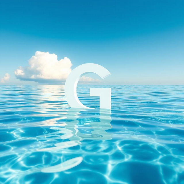 A serene and tranquil scene depicting a large letter 'G' floating gently on the surface of clear blue water, surrounded by soft ripples and reflections