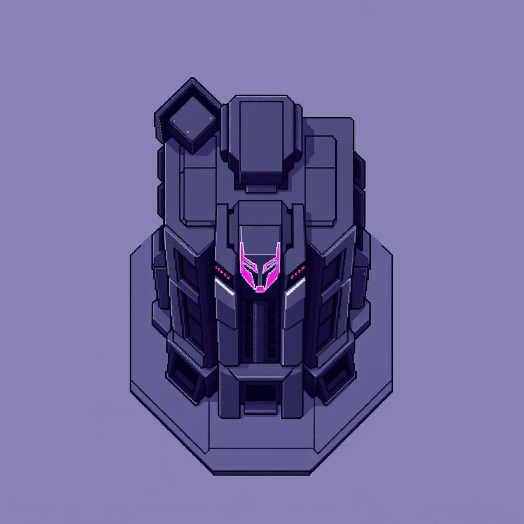 A minimalist top-down view of a Decepticon building in pixel art style, emphasizing simplicity with a color palette of gray and dark purple