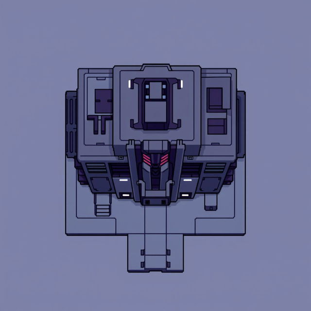 A minimalist top-down view of a Decepticon building in pixel art style, emphasizing simplicity with a color palette of gray and dark purple