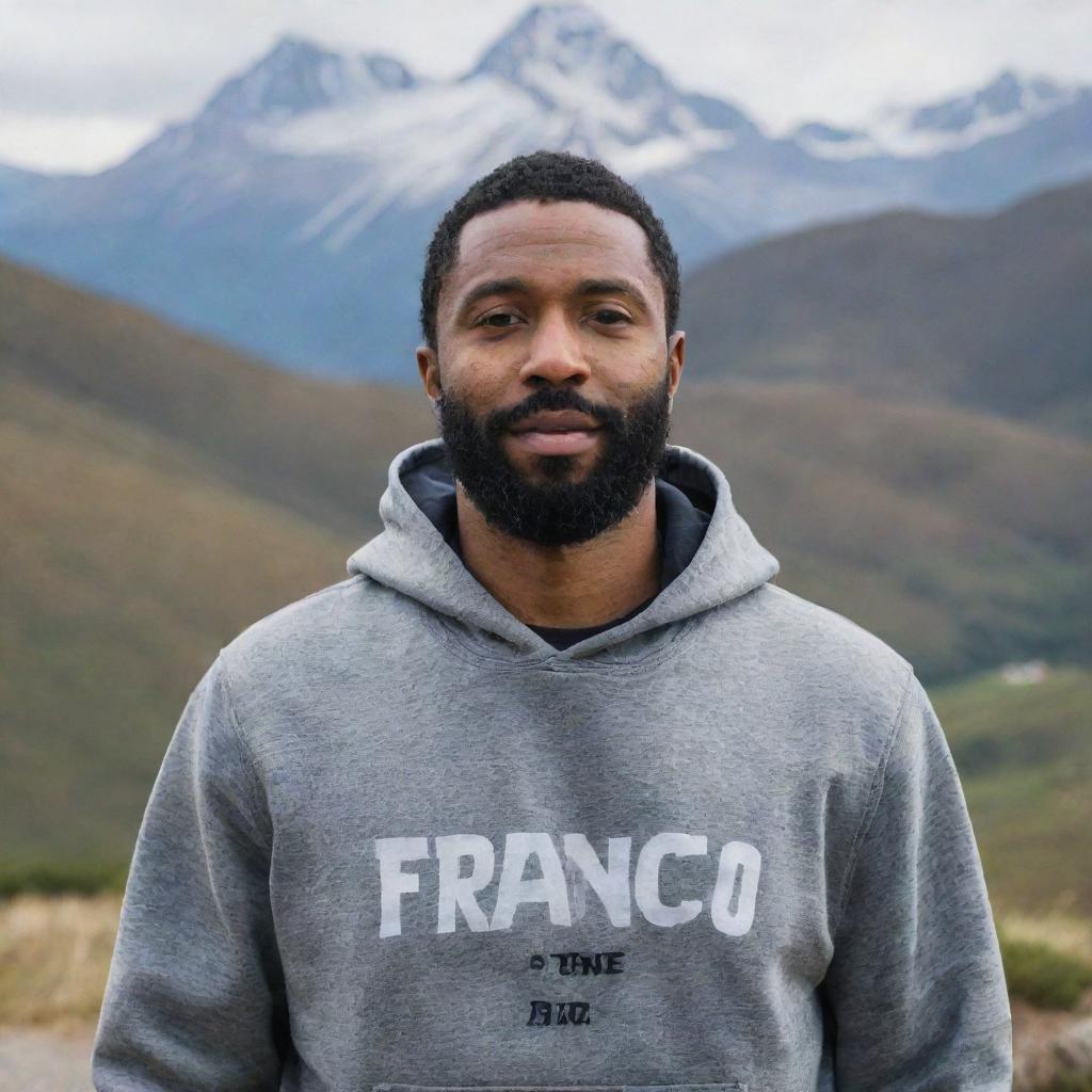 A bearded black man wearing a hooded sweatshirt with the word 'Franco' written on it, standing in front of a majestic mountain range