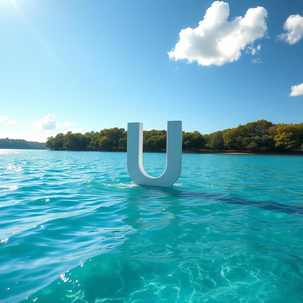 A peaceful and picturesque scene featuring a large letter 'U' floating gracefully on a sparkling body of water