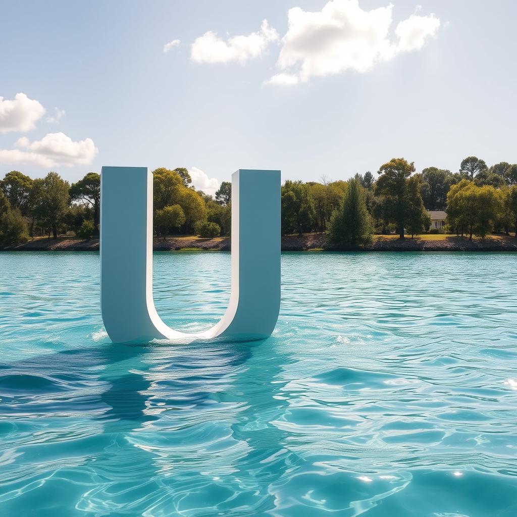 A peaceful and picturesque scene featuring a large letter 'U' floating gracefully on a sparkling body of water