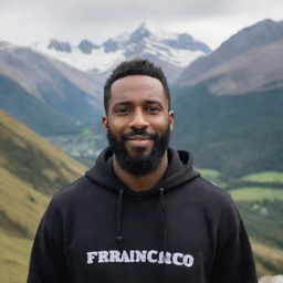 A bearded black man wearing a hooded sweatshirt with the word 'Franco' written on it, standing in front of a majestic mountain range