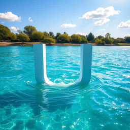 A peaceful and picturesque scene featuring a large letter 'U' floating gracefully on a sparkling body of water