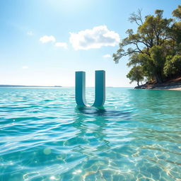 A peaceful and picturesque scene featuring a large letter 'U' floating gracefully on a sparkling body of water