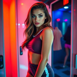 A sexy girl in a vibrant club changing room, wearing a stylish and alluring soccer outfit