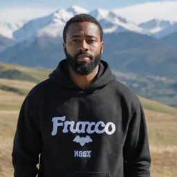 A bearded black man wearing a hooded sweatshirt with the word 'Franco' written on it, standing in front of a majestic mountain range