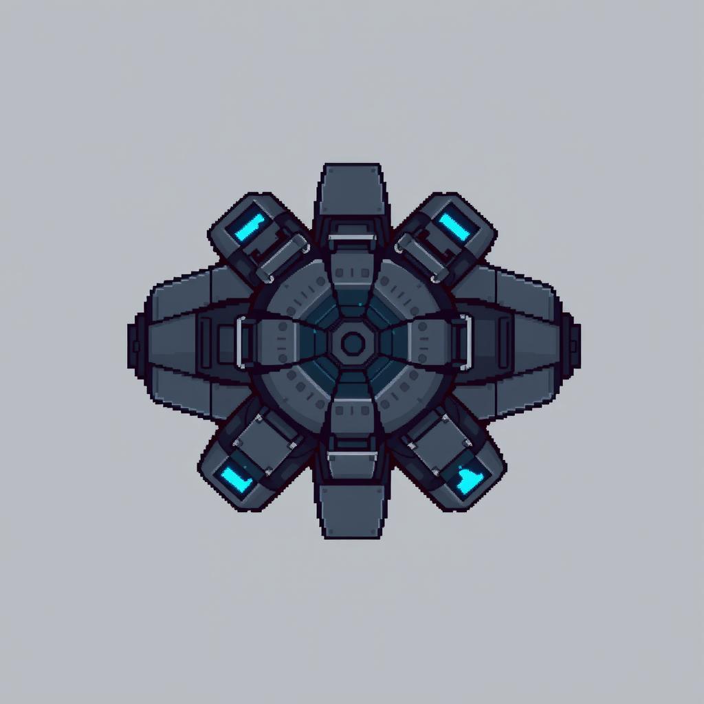 A top-down view of a combat turret in pixel art style, utilizing a color palette of dark gray and blue