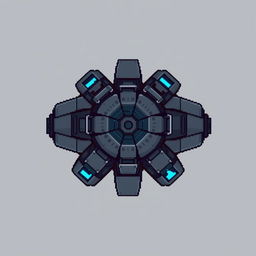 A top-down view of a combat turret in pixel art style, utilizing a color palette of dark gray and blue