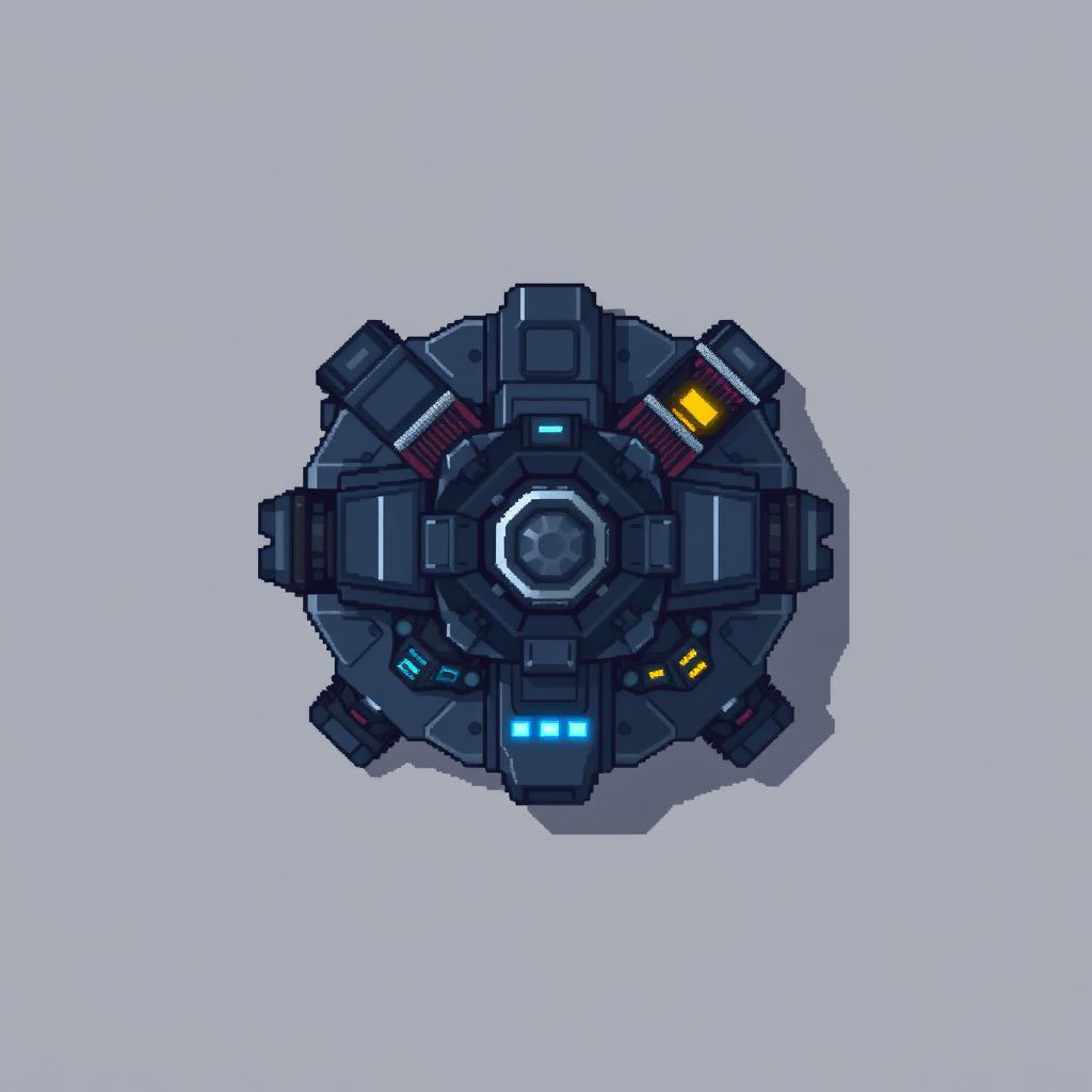 A top-down view of a combat turret in pixel art style, utilizing a color palette of dark gray and blue