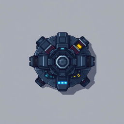 A top-down view of a combat turret in pixel art style, utilizing a color palette of dark gray and blue