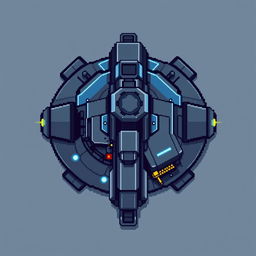 A top-down view of a combat turret in pixel art style, utilizing a color palette of dark gray and blue