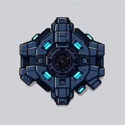 A top-down view of a combat turret in pixel art style, utilizing a color palette of dark gray and blue